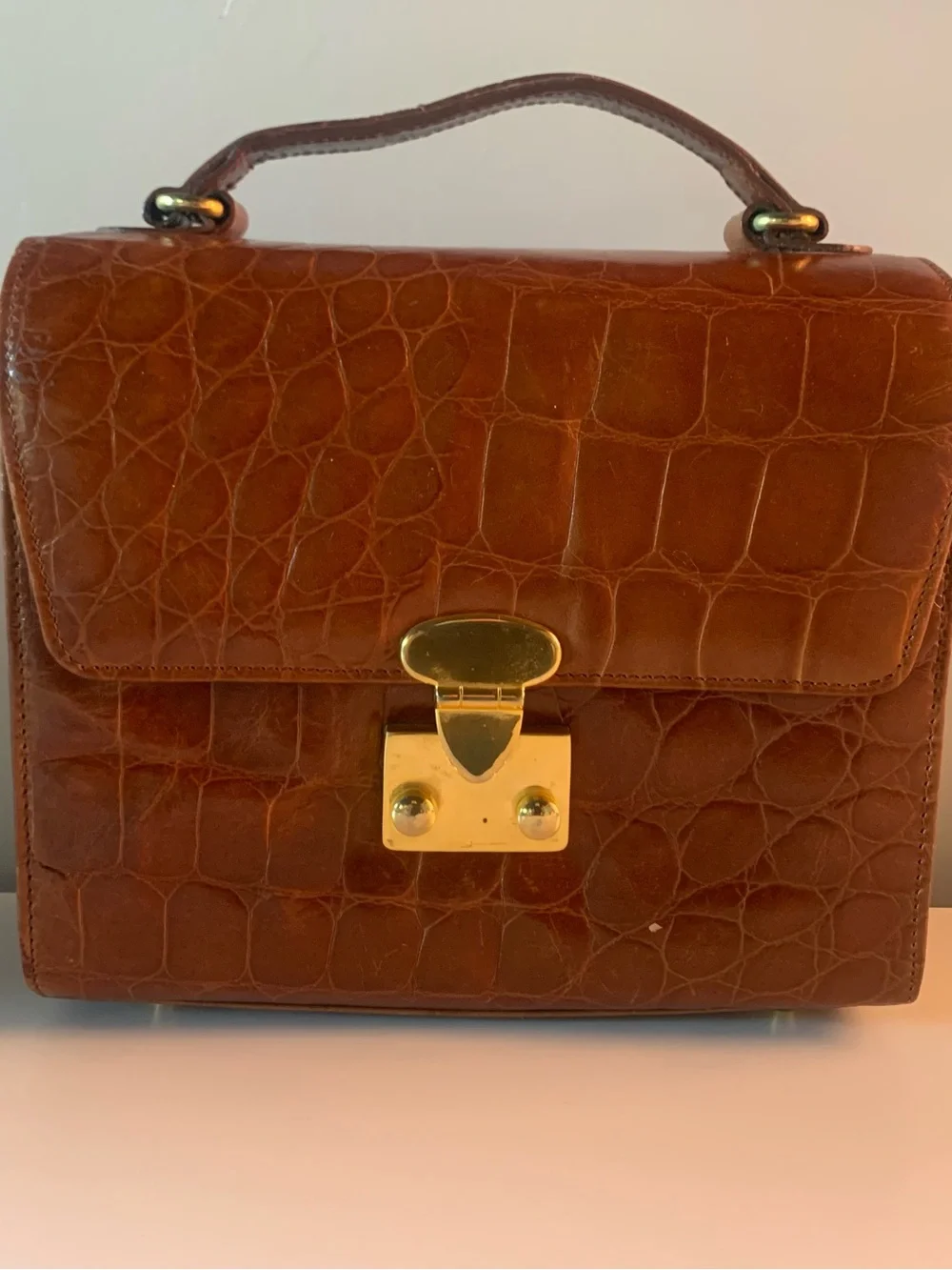 Talbots Structured Croc-Embossed Satchel in Brown. Gold hardware.